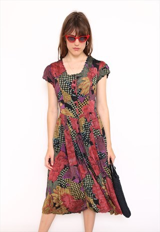 VINTAGE 90S MULTICOLOURED PATCHWORK PRINT MIDI DRESS
