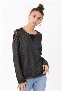 Long Sleeve Top with lace Embellished Shoulders in Dark Grey