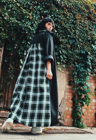 GREEN TARTAN & BLACK QUILT MAXI COAT