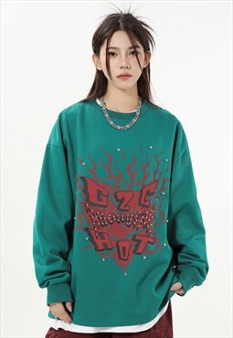 Flame sweatshirt blurred jumper embellished top in green