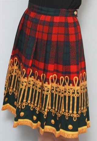 VINTAGE 1970'S PLEATED TARTAN BAROQUE CHECKED WOOL SKIRT