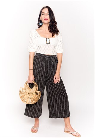 CY CLASSIC STRIPE PRINT COTTON BLEND WIDE LEG TROUSERS BLACK