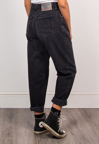 90'S RETRO BLACK DENIM HIGH WAIST MOM STYLE JEANS