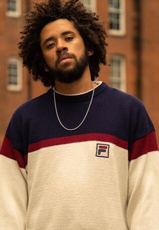 FILA THICK KNIT JUMPER IN CREAM, RED AND NAVY