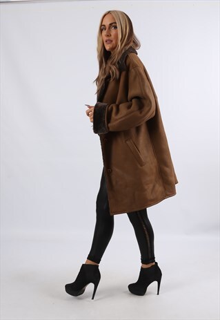 VINTAGE SHEEPSKIN LEATHER SHEARLING COAT MID UK 12 M (KJ3D)