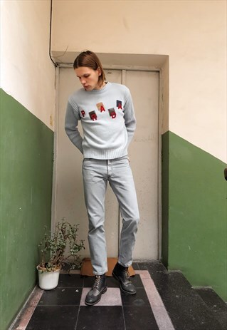 RARE PRADA RED LOGO PRINTED VINTAGE BABY BLUE JUMPER FROM 90