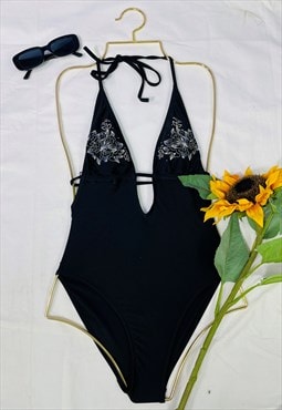 Vintage 90's Halter Neck Backless Floral Swimsuit