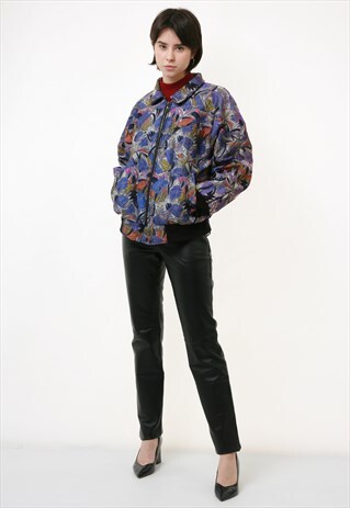 80S VINTAGE LINED FALL MULTICOLOR ABSTRACT ZIP BOMBER JACKET