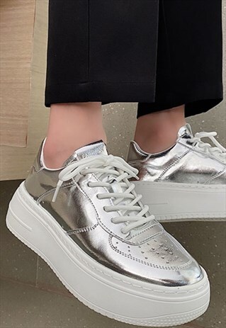 FOIL TRAINERS RETRO CLASSIC PLATFORM SNEAKERS IN SILVER