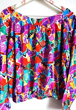 Vintage Womens Abstract Colorful Blouse Off Shoulder