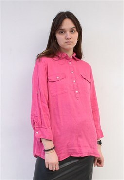 Vintage Ralph Lauren Women's XL Linen Button Up Shirt Pink