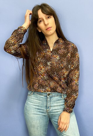 VINTAGE 70'S BROWN FLORAL LONG SLEEVE BLOUSE
