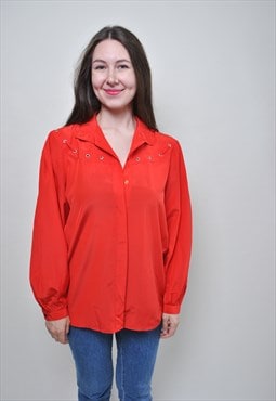 Vintage evening blouse, formal red button down shirt 