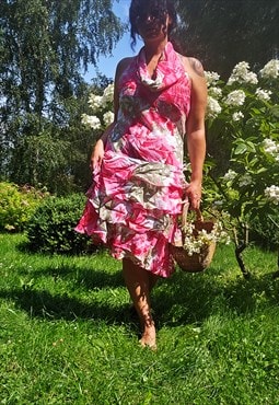 90s vintage pink floral ruffle halter midi occasional dress