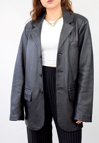 VINTAGE 80S 90S BLACK REAL LEATHER BLAZER JACKET