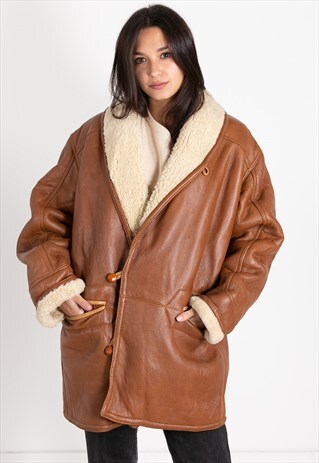 VINTAGE 80S SHEARLING COAT REAL LEATHER / S0592