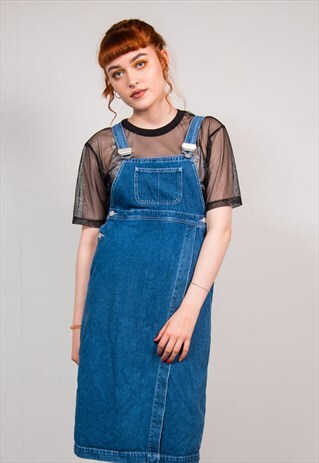 VINTAGE 90'S BLUE DENIM MIDI PINAFORE STYLE DRESS
