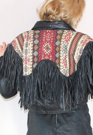 VINTAGE 80S BLACK LEATHER FRINGED EMBROIDERED JACKET