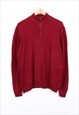 Vintage Knitted Jumper Red Long Sleeve Collared Quarter Zip