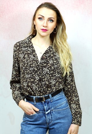 1980S VINTAGE BROWN FLORAL LONG SLEEVE SILKY BLOUSE