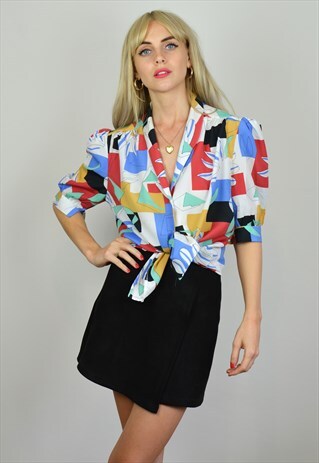 VINTAGE 80S WHITE COLOURFUL GEOMETRIC PUFF SHOULDER BLOUSE