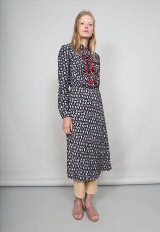 VINTAGE 70'S MULTI COLOURED VICTORIANA PRINTED MIDI DRESS