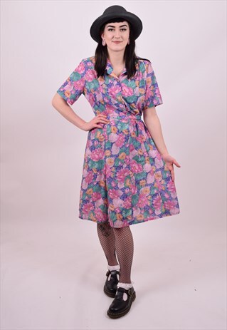 VINTAGE 70'S PINK PURPLE FLOWER PRINT DRESS SIZE 10 12 14 16