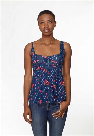 CHERRY VINTAGE TANK TOP CHERRY PRINT BLUE