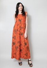 70's Vintage Ladies Dress Orange Brown Floral Print Maxi