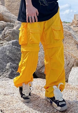 WATERPROOF PARACHUTE PANTS DETACHABLE CARGO JOGGERS YELLOW