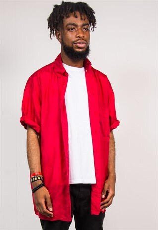 VINTAGE 90'S PLAIN RED SILK SHORT SLEEVE SHIRT