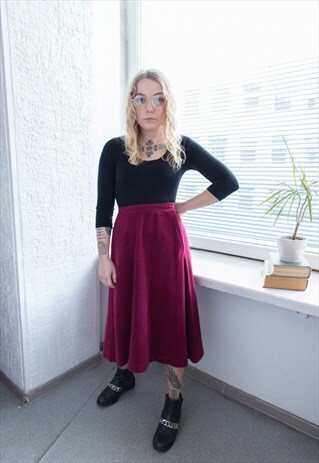 VINTAGE 60'S MIDI BURGUNDY RED HIGH WAISTED SOFT SKIRT
