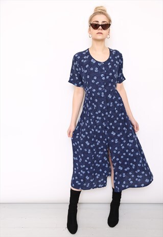 VINTAGE 90S NAVY FLORAL PRINT MIDI DRESS