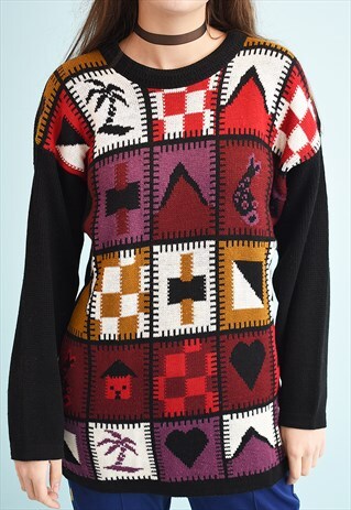 80'S RETRO ABSTRACT PATTERN MOMS KNIT JUMPER