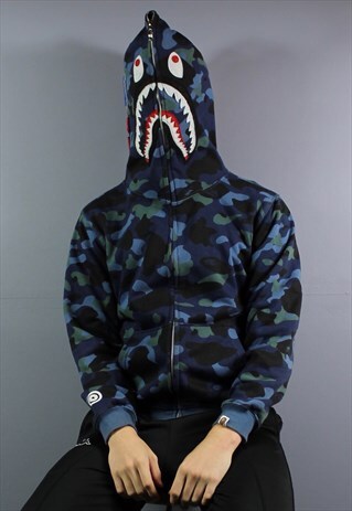 VINTAGE BAPE SHARK BY A BATHING APE HOODIE IN BLUE CAMO WITH