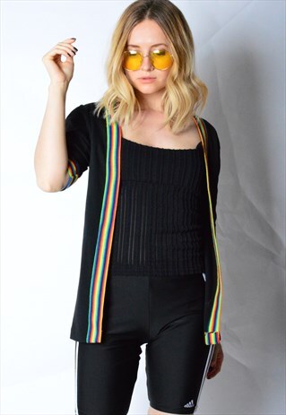 VINTAGE 70S BLACK RAINBOW LIGHTWEIGHT CARDIGAN