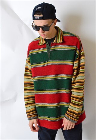 VINTAGE 90S COLOURFUL STRIPED WOOL 1/4 BUTTON SHIRT