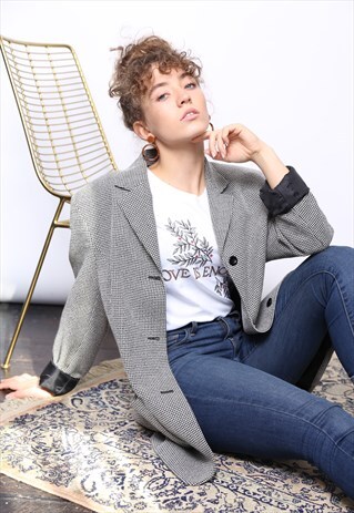 VINTAGE 80S MONOCHROME HOUNDSTOOTH BLAZER JACKET