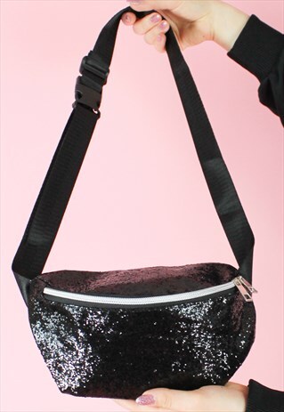 VINTAGE INSPIRED BUM BAG GLITTER BLACK FESTIVAL ZIP 90S Y2K
