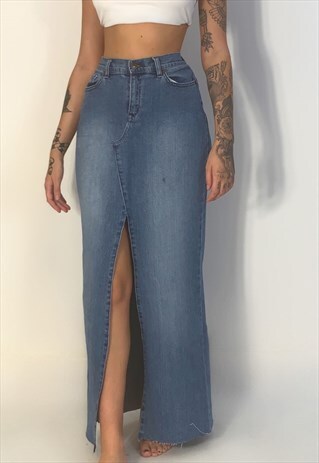 RE WORKED DENIM SPLIT LEG MAXI SKIRT