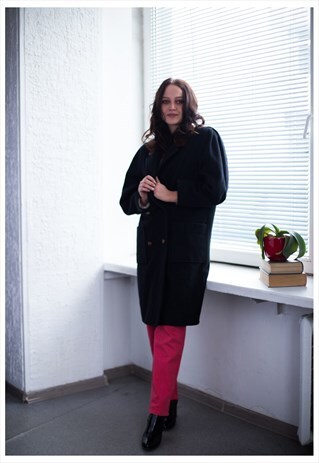 VINTAGE 80'S BLACK DOUBLE BREASTED WOOL COAT