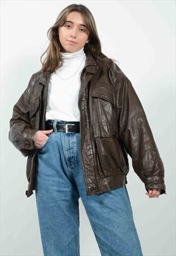 Vintage Leather Jacket Bomber Brown Unisex Size L