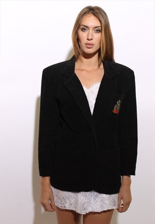 VINTAGE 1980'S 80'S BLACK CORDUROY CREST CLUB BLAZER M-L