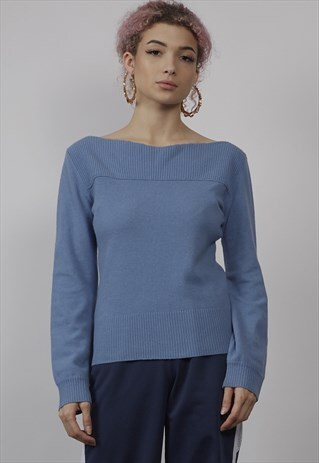 VINTAGE 90'S D&G SLASH NECK BLUE MERINO JUMPER