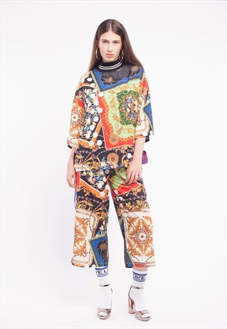 OVERSIZED SHORT-SLEEVED SCARF PRINT BLOUSE