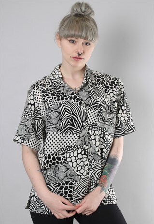 VINTAGE 80S ANIMAL PRINT PATTERNED MONOCHROME SHIRT