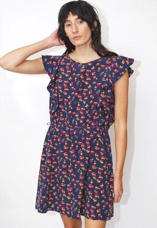 VINTAGE RUFFLE DRESS (XL) BLUE 90S BABYDOLL FLORAL MINI Y2K