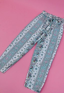 Handmade Reworked White Floral High Waist Tapered Trousers
