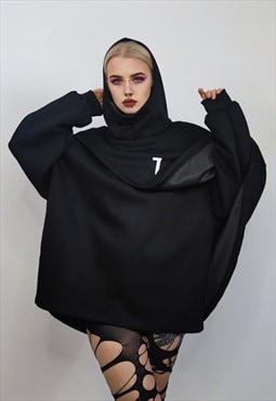 Gothic cape raised neck punk hoodie utility poncho in black