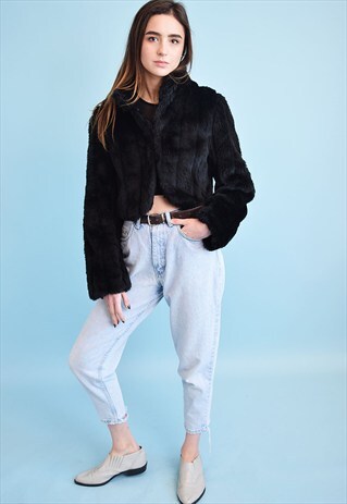 90'S RETRO FAUX FUR BLACK CROPPED JACKET